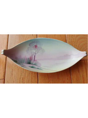 Meito China Hand Painted Made In Japan Oval Dish Vintage Lake Trees Beach